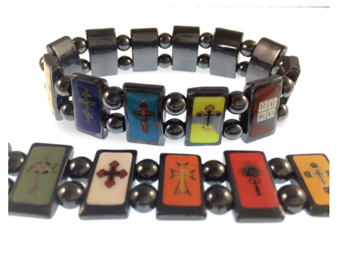 Orthodox cross bracelet, 12 hematite panels