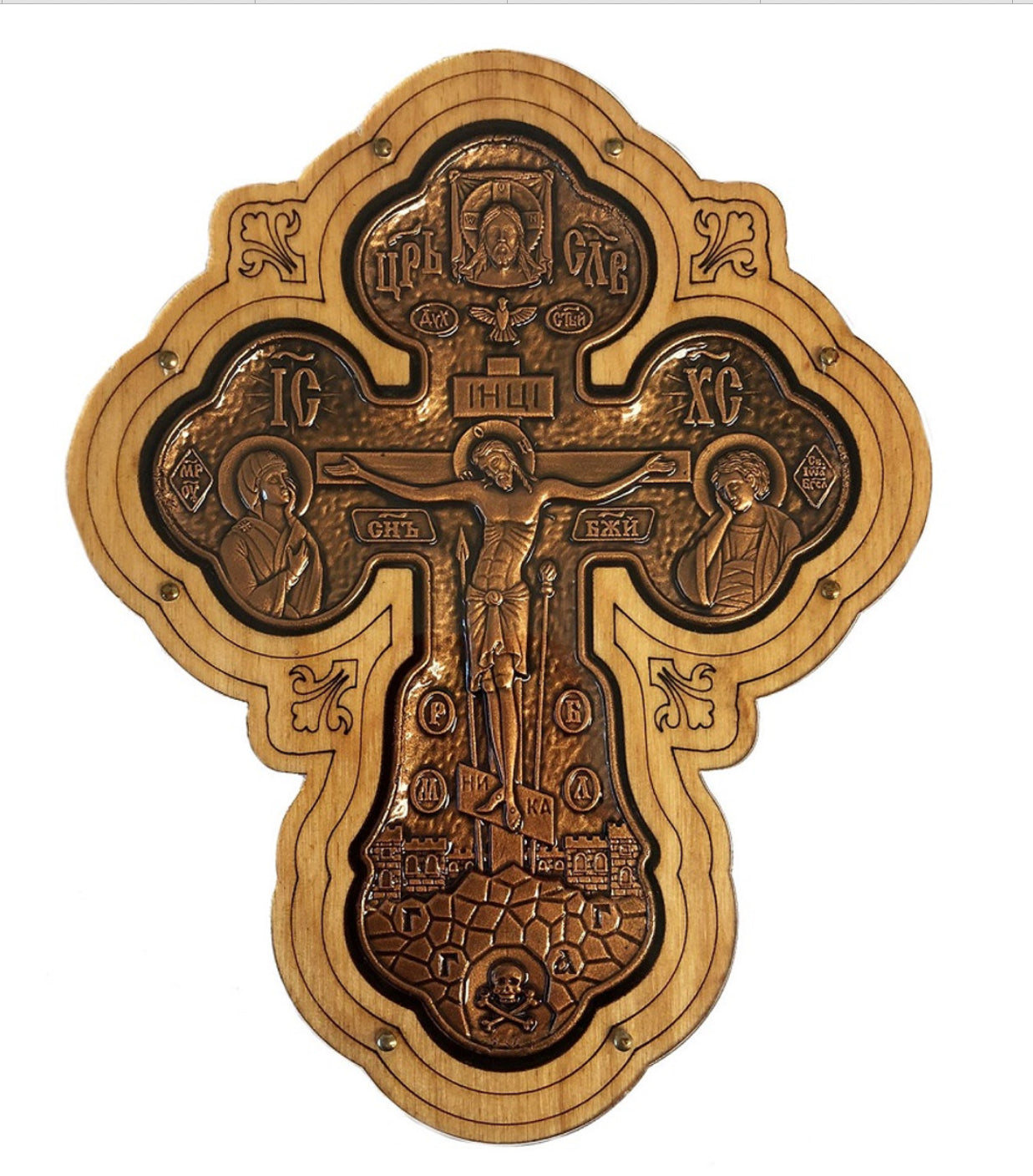 Wall Cross, Crucifix with Theotokos and St John, bronze-tone on wood