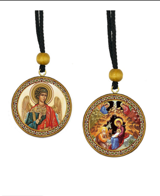 Pendant, Guardian Angel and Nativity, double-sided on wood