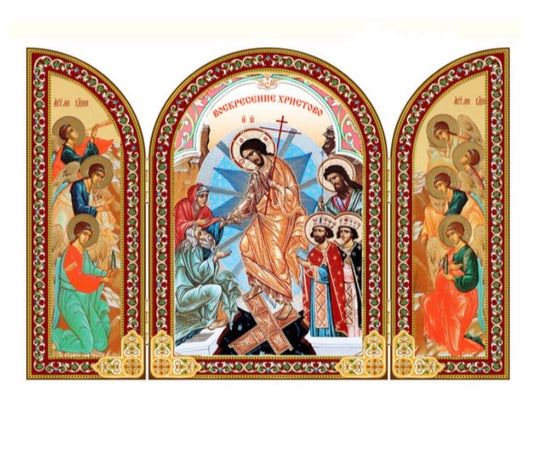 Triptych Resurrection with multitude of angels