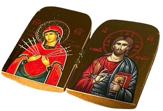 Traditional Byzantine Diptych Icon - Theotokos and Christ Pantocrator